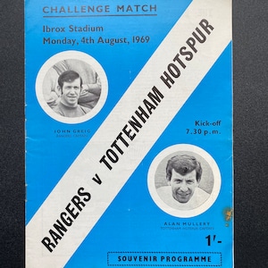 Programa de fútbol original Rangers vs Tottenham Football 1969 Regalo para hombres programa vintage Recuerdos de fútbol