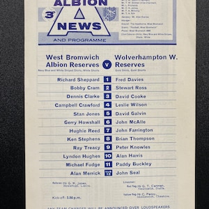 Programa de fútbol original 1967 West Bromwich vs Wolves Regalo para hombres programa vintage Recuerdos de fútbol