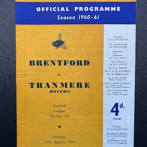 Original Football Programme 1960 Brentford VS Tranmere Football Gift for men vintage programme Football memorabilia