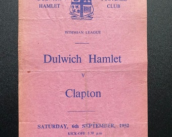Original Football Programme 1952 Dulwich Hamlet vs Clapton Gift for men vintage programme Football memorabilia