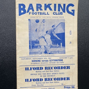 Original Football Programme 1961 Barking vs Port Leytonstone Gift for men vintage programme Football memorabilia