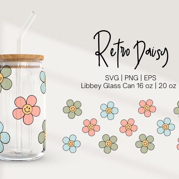 Libbey Glass 16oz | 20oz Wrap, Retro Daisy Svg, Flower Mug Wrap, Vintage Clipart Svg, Glassware Svg, Retro Flower Svg Files for Cricut