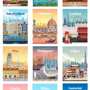 Cartazes decorativos de cidades do mundo – Paris, Tóquio, Bali, Santorini… | Cartazes de viagem vintage ilustrados para sala de estar ou parede do escritório