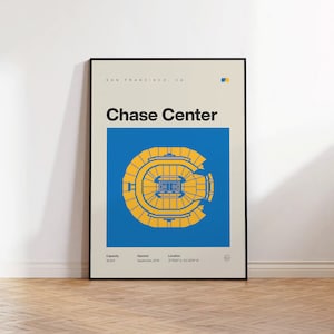 Póster de los Golden State Warriors, impresión del estadio Chase Center, arte de baloncesto moderno de mediados de siglo, arte deportivo para dormitorio, arte minimalista para pared de oficina