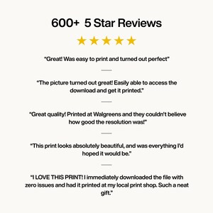 May include: Image with the text "600+ 5 Star Reviews" and five gold stars. Below are customer reviews, including phrases like "easy to print," "great quality," and "absolutely beautiful."