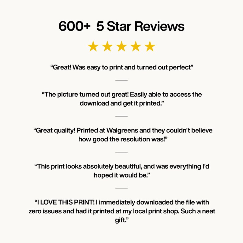 May include: Image with the text "600+ 5 Star Reviews" and five gold stars. Below are customer reviews, including phrases like "easy to print," "great quality," and "absolutely beautiful."