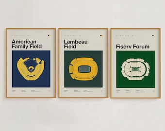 Milwaukee Sports Stadium Prints Set | Mid Century Modern Minimalist Posters (Digital Download)