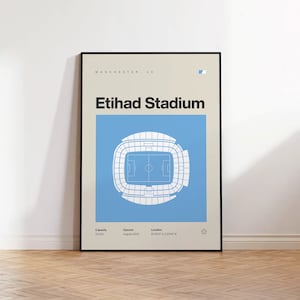 May include: A poster with a minimalist design featuring a blue and white illustration of Etihad Stadium in Manchester, UK. The poster includes the stadium's name, capacity, opening date, and location.