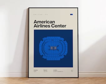 Plakat Dallas Mavericks, wydruk American Airlines Center, plakat NBA, sztuka ścienna w stylu mid-century modern, prezent dla fana koszykówki, plakat do sypialni sportowej