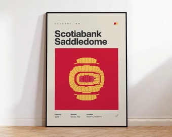 Calgary Flames Poster, Scotiabank Saddledome Stadium Print, Mid Century Modern Hockey Poster, Sports Bedroom Art, Minimalist Office Wall Art