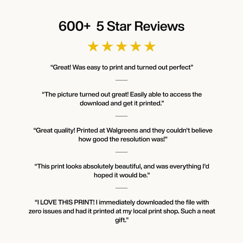 May include: Image with the text "600+ 5 Star Reviews" above five gold stars. Below the stars are customer reviews, including "Great! Was easy to print and turned out perfect."