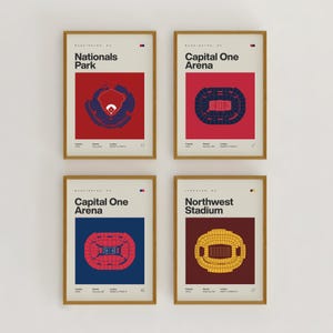 May include: Four framed posters featuring stadium illustrations. The posters display Nationals Park, Capital One Arena, Capital One Arena, and Northwest Stadium. Each poster has a minimalist design with a color block background and stadium outline.