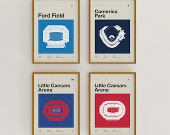 Zestaw wydruków na stadionie Detroit Sport | Lwy, Tygrysy, Red Wings, Pistons | Minimalistyczny plakat do sypialni i biura w stylu mid-century modern | Pobieranie cyfrowe