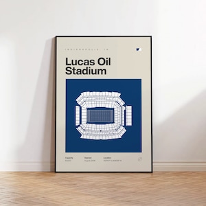 Puede incluir: Un póster con fondo azul y un contorno blanco del Lucas Oil Stadium en Indianápolis, Indiana. El póster incluye el nombre del estadio, su capacidad, la fecha de apertura y su ubicación.
