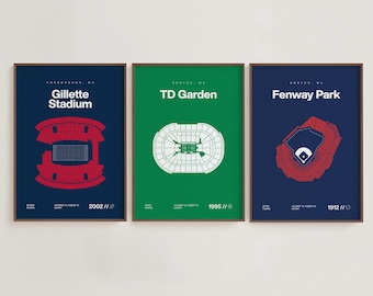 Conjunto de impresiones del estadio deportivo de Boston / Patriots, Celtics, Red Sox / Pósteres minimalistas de mediados de siglo para dormitorio y oficina / Descarga imprimible