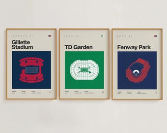 Boston Sports Stadium Print Set | Patriots, Celtics, Red Sox | Minimalist Mid Century Modern Bedroom Office Posters | Printable Download