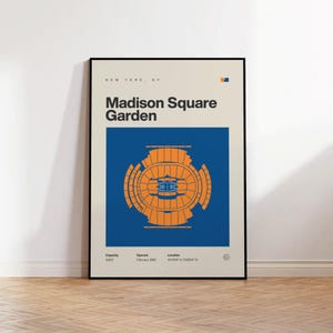 May include: A framed poster featuring the Madison Square Garden arena. The poster has a cream-colored background with the words "NEW YORK, NY" at the top. The words "Madison Square Garden" are in bold black font. Below is a blue square with an orange arena diagram.