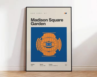 Póster de los New York Knicks, impresión del Madison Square Garden, póster de baloncesto moderno de mediados de siglo, póster deportivo para dormitorio, arte minimalista para pared de oficina