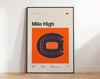 Denver Broncos Poster, Mile High Football Stadium Print, Mid Century Modern Poster, Sports Bedroom Posters, Minimalist Office Wall Art