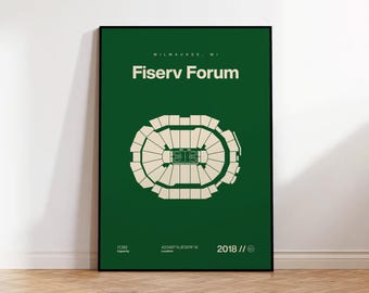 Milwaukee Bucks Poster, Fiserv Forum Arena Print, Mid Century Modern Basketball Poster, Sports Bedroom Posters, Minimalist Office Wall Art