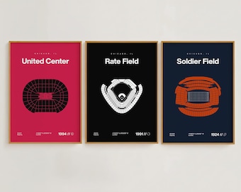 Chicago Sports Stadium Print Set | Bears, White Sox, Bulls | Minimalist Mid Century Modern Bedroom Office Posters | Printable Download