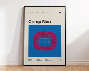 Barcelona Poster, Camp Nou Stadium Football Print, Mid Century Modern Soccer Poster, Sports Bedroom Posters, Minimalist Office Wall Art