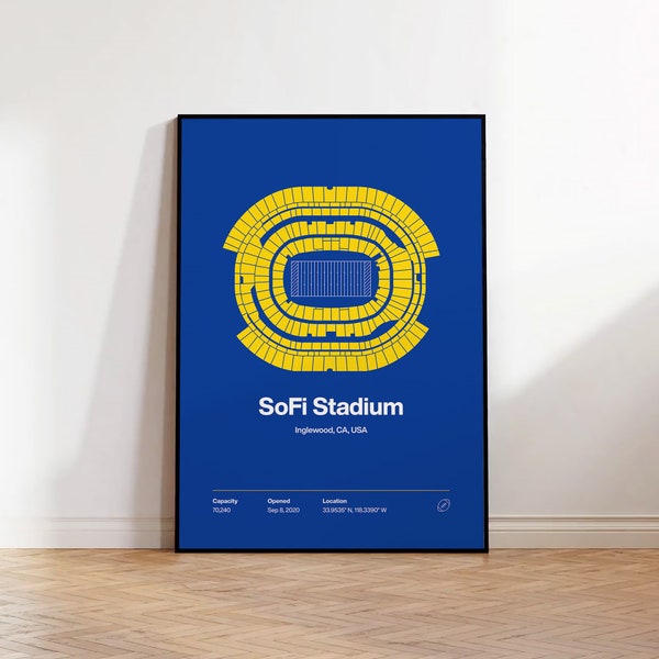LA Rams poster, Los Angeles SoFi Stadium print, minimalistische voetbal kunst aan de muur, sportfan print cadeau voor hem