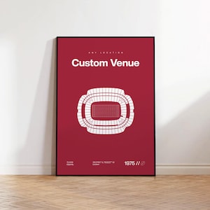 May include: A red and white poster with a stadium seating chart. The poster says "Custom Venue" and includes the stadium's capacity, location, and year of construction.
