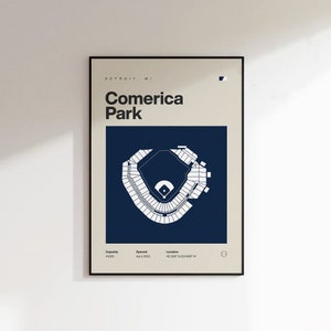 May include: A minimalist poster with a white outline of Comerica Park, a baseball stadium in Detroit, Michigan. The stadium is outlined in white on a dark blue background. The poster includes the text "Comerica Park" in white, along with the stadium's capacity, opening date, and location.