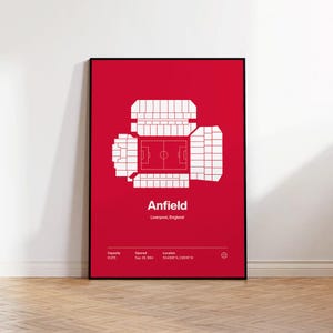 Voetbalposter Liverpool, poster Anfield Stadium, moderne voetbalprint uit het midden van de eeuw, poster sportslaapkamer, minimalistische kantoormuurkunst