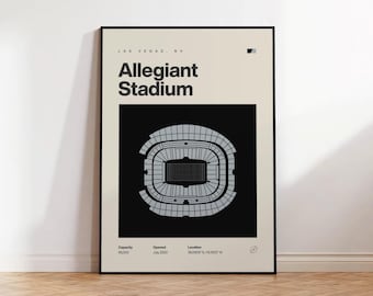 May include: A framed poster featuring a minimalist architectural diagram of Allegiant Stadium in Las Vegas, NV. The design includes the text Allegiant Stadium, capacity 65,000, opened July 2020, and location coordinates on a light beige background.