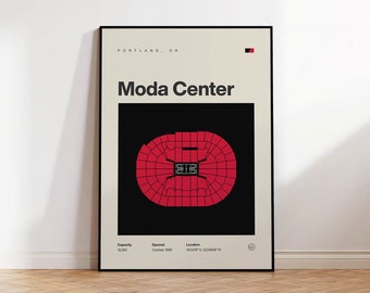 Plakat Portland Trail Blazers, wydruk na stadionie Moda Center, sztuka koszykówki w stylu mid-century modern, sztuka sportowa do sypialni, minimalistyczna sztuka ścienna do biura