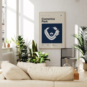 May include: A navy blue poster with a white outline featuring a diagram of Comerica Park, a baseball stadium in Detroit, Michigan. The poster has the text "DETROIT, MI" and "Comerica Park" in white.