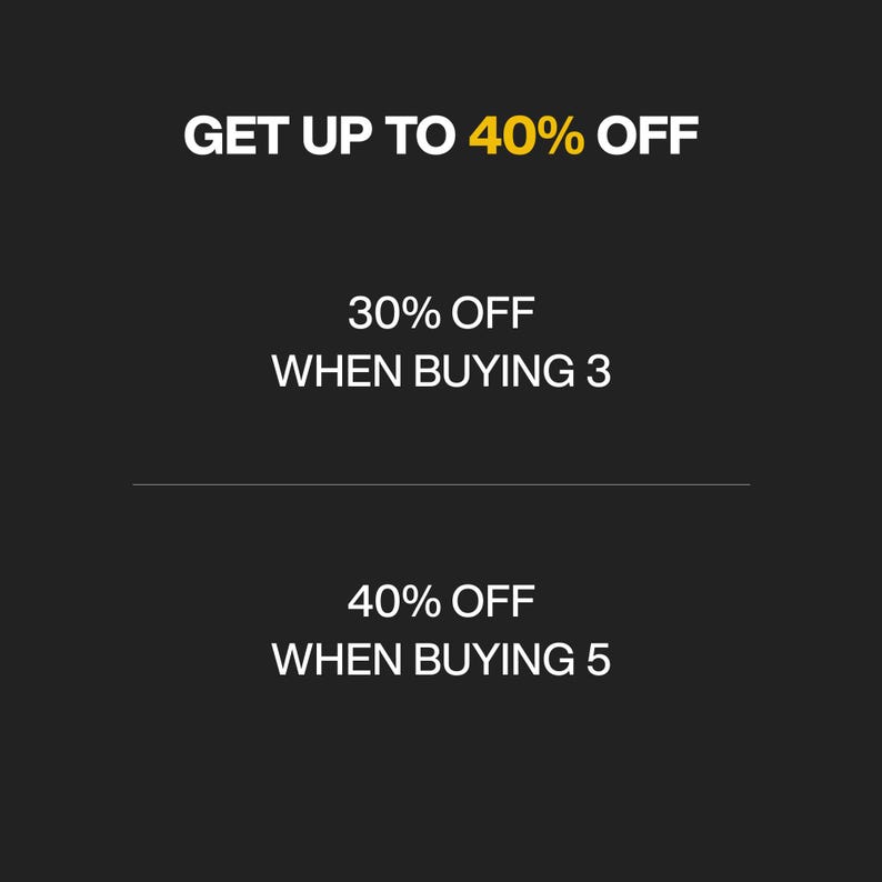 May include: Text graphic on a black background with the text "GET UP TO 40% OFF" in white. Below the text is a line with the text "30% OFF WHEN BUYING 3" and "40% OFF WHEN BUYING 5" in white.