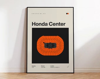 Plakat Anaheim Ducks, wydruk Honda Center, Mid Century Modern, grafika ścienna z motywem hokeja, prezent hokejowy, plakaty do sypialni dla sportowców