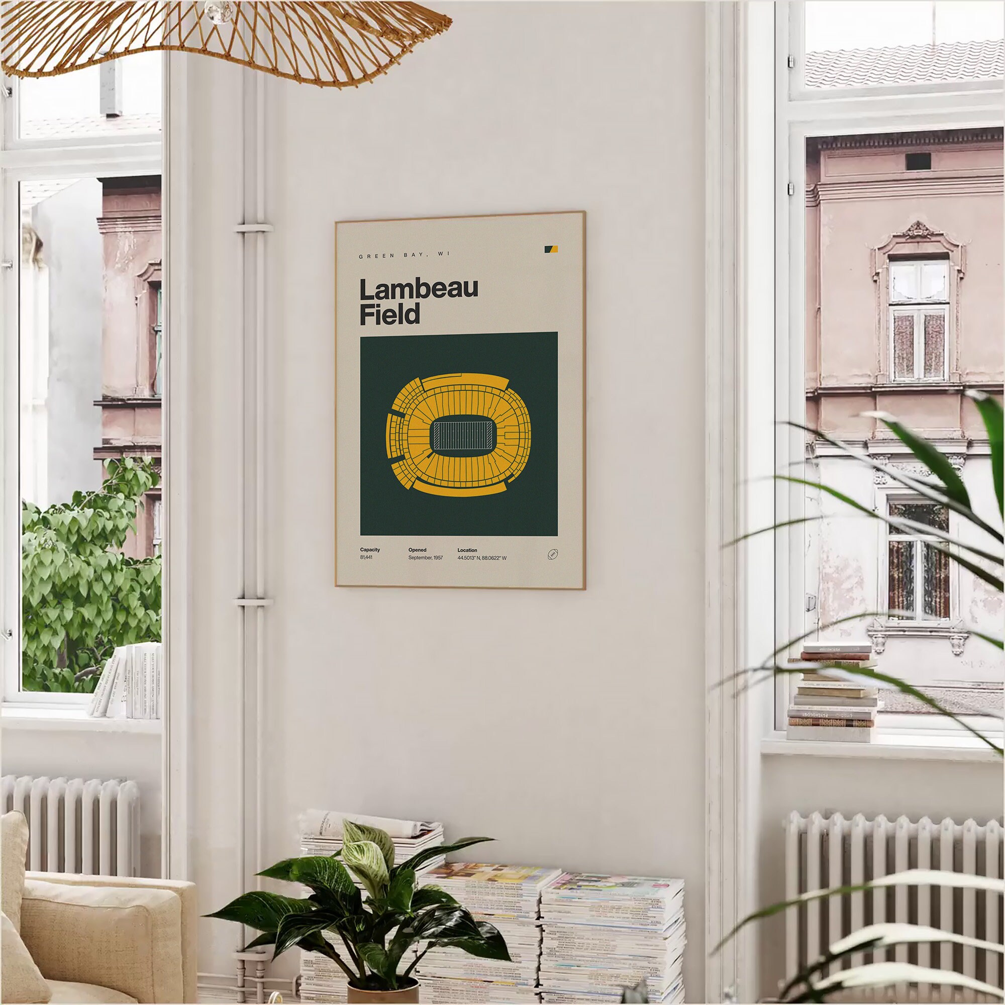 Green Bay Packers Poster, Lambeau Field Stadium Print, Mid Century ...