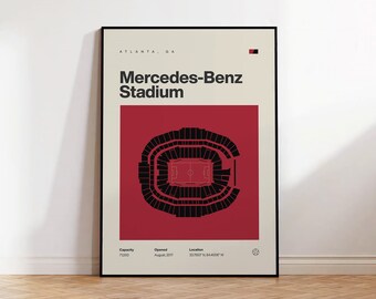 Plakat Atlanta United, wydruk stadionu Mercedes-Benz, plakat piłkarski w stylu mid-century modern, plakaty sportowe do sypialni, minimalistyczna sztuka ścienna do biura