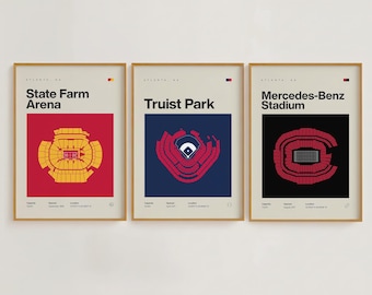 Zestaw wydruków stadionu sportowego Atlanta | Hawks, Braves, Falcons | Minimalistyczne plakaty do sypialni i biura w stylu mid-century modern | Do pobrania w wersji drukowanej