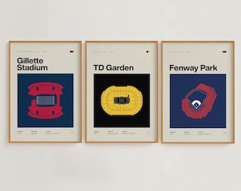 Conjunto de impresiones del estadio deportivo de Boston / Patriots, Bruins, Red Sox / Pósteres minimalistas de mediados de siglo para dormitorio y oficina / Descarga imprimible