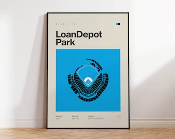 Miami Ballpark Poster, LoanDepot Park Print, Mid Century Modern Baseball Wall Art, Baseball Gift, Sports Bedroom Posters