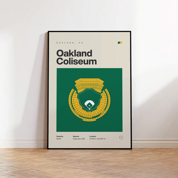 Oakland Athletics Poster, Oakland Coliseum Stadium Print, Mid Century Modern Baseball Poster, Sports Bedroom Art, Minimalist Office Wall Art