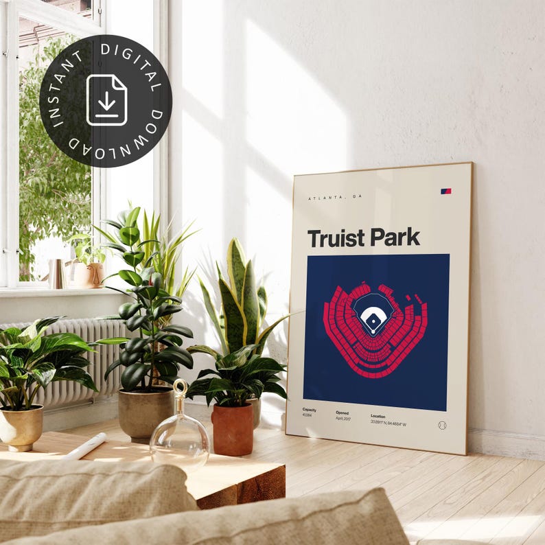 Atlanta Braves Poster, Truist Park Stadium Print, Mid Century Modern Baseball Poster, Sports Bedroom Posters, Minimalist Office Wall Art image 2