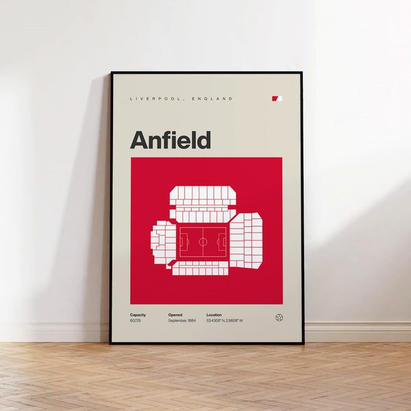 Liverpool Football Poster, Anfield Stadium Print, Mid Century Modern Soccer Poster, Sports Bedroom Posters, Minimalist Office Wall Art