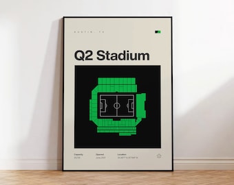 Plakat Austin FC, wydruk na stadionie Q2, plakat MLS, grafika ścienna w stylu piłki nożnej w stylu Mid Century Modern, prezent dla kibica, plakat do sypialni sportowej