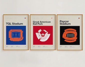 Cincinnati Sports Stadium Prints Set | Mid Century Modern Minimalist Posters (Digital Download)
