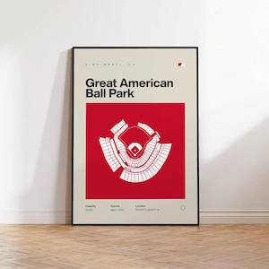 Póster de los Cincinnati Reds, impresión del Great American Ball Park, póster de béisbol moderno de mediados de siglo, póster deportivo para dormitorio, arte minimalista para pared de oficina