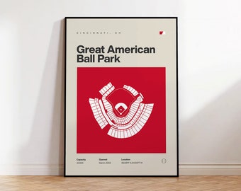 Plakat Cincinnati Reds, wydruk Great American Ball Park, plakat baseballowy Mid Century Modern, plakat sportowy do sypialni, minimalistyczna sztuka ścienna do biura
