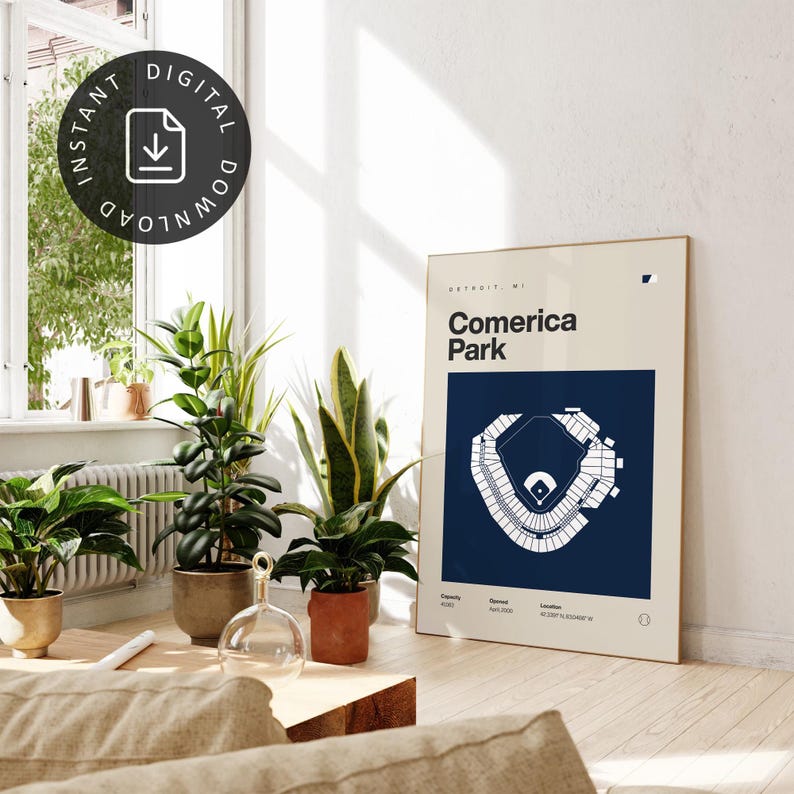 Detroit Tigers Poster, Comerica Park Stadium Print, Mid Century Modern Baseball Poster, Sports Bedroom Posters, Minimalist Office Wall Art image 2