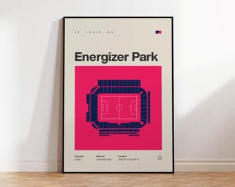 May include: A minimalist poster with a pink background and a black outline of a soccer stadium. The stadium is called "Energizer Park" and is located in St. Louis, MO. The poster also includes the stadium's capacity, opening date, and location.