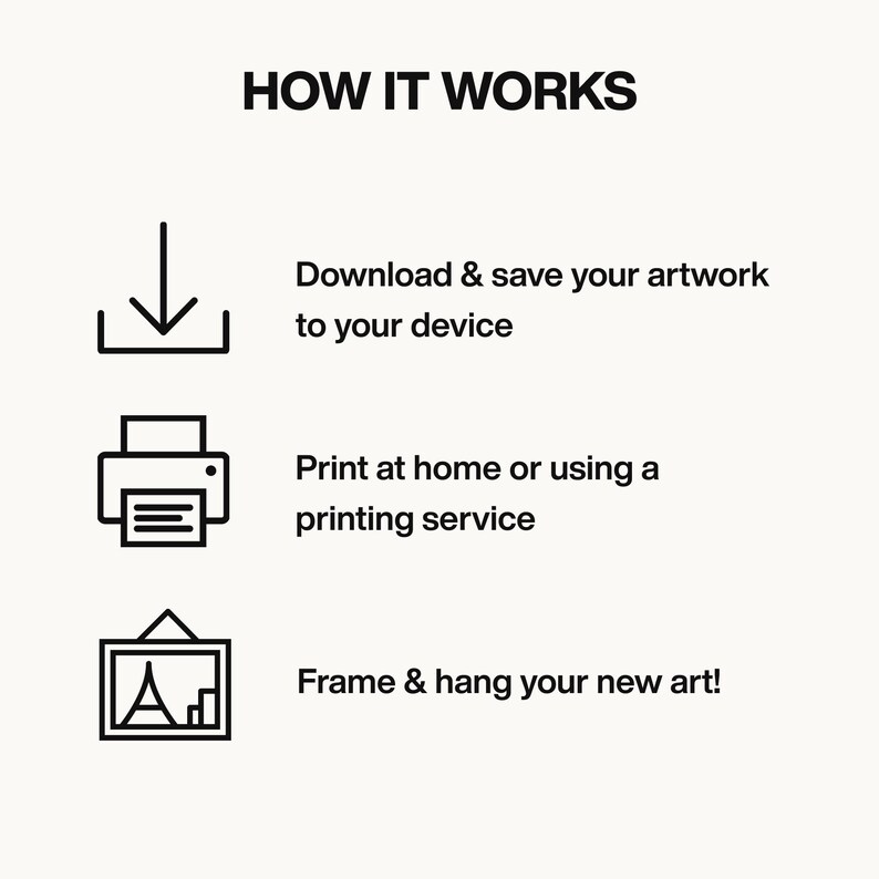 Puede incluir: Una ilustraci&oacute;n en blanco y negro que muestra c&oacute;mo descargar, imprimir y enmarcar una obra de arte. Los pasos son: 1. Descarga y guarda tu obra de arte en tu dispositivo. 2. Imprime en casa o utilizando un servicio de impresi&oacute;n. 3. Enmarca y cuelga tu nueva obra de arte!